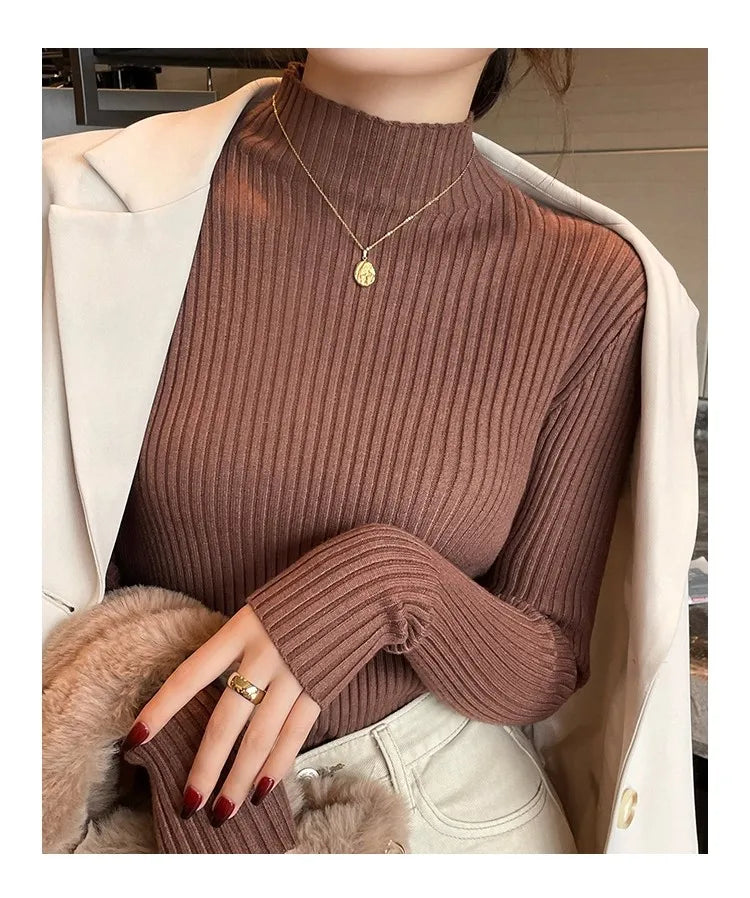 Chic Autumn Winter 2025 Pullovers Women Long Sleeve Casual Turtleneck Warm Basic Sweater Knit Jumpers Solid Color Slim Tops