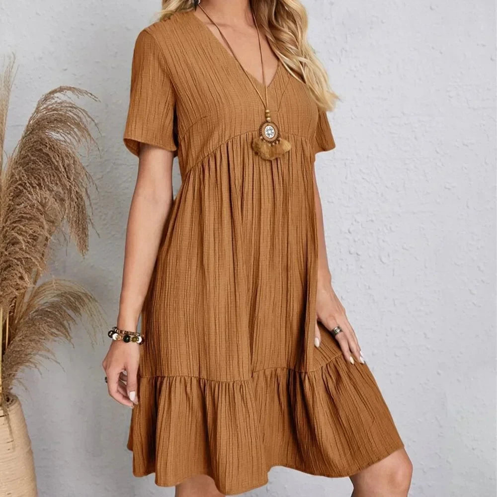 Women Peplum Dresses  V-Neck Short Sleeve Loose Waist Ruffle Fit Flare Vocation Dresses