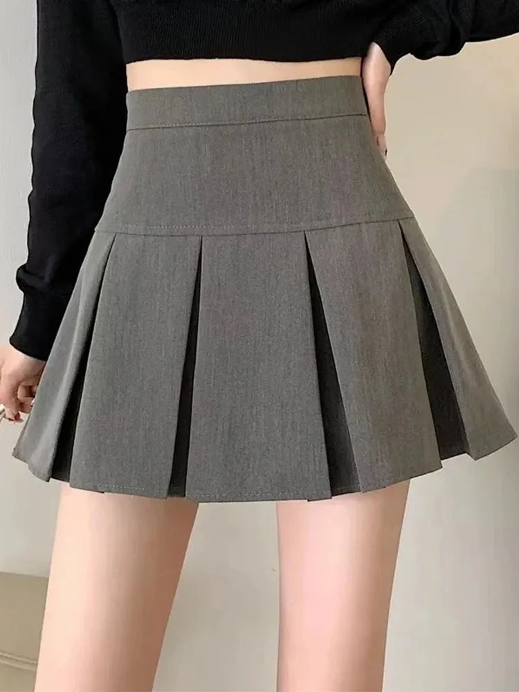 Vintage Gray Pleated Skirt Women Kawaii High Waist Mini Skirts Korean Fashion School Uniform Harajuku Streetwear Spring