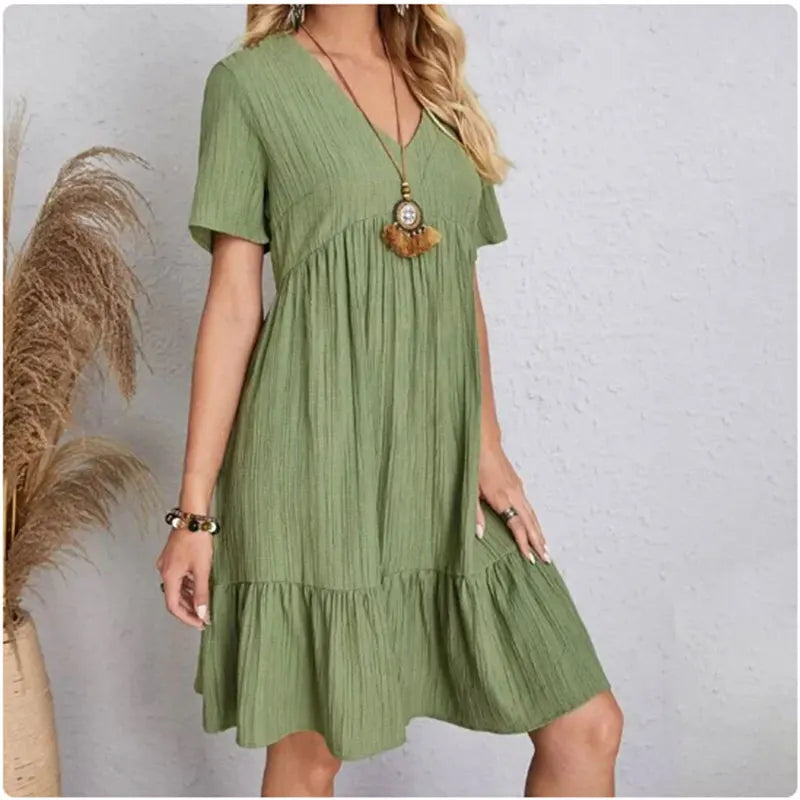 Women Peplum Dresses  V-Neck Short Sleeve Loose Waist Ruffle Fit Flare Vocation Dresses
