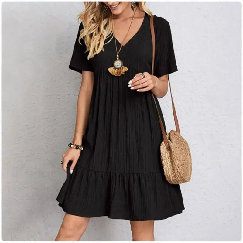 Women Peplum Dresses  V-Neck Short Sleeve Loose Waist Ruffle Fit Flare Vocation Dresses