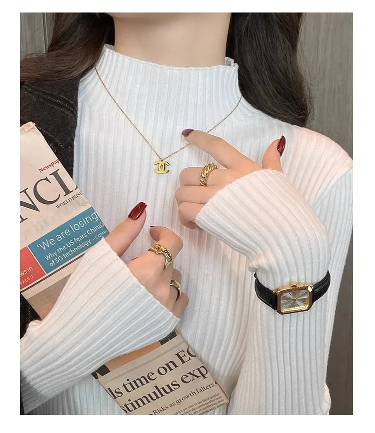 Chic Autumn Winter 2025 Pullovers Women Long Sleeve Casual Turtleneck Warm Basic Sweater Knit Jumpers Solid Color Slim Tops