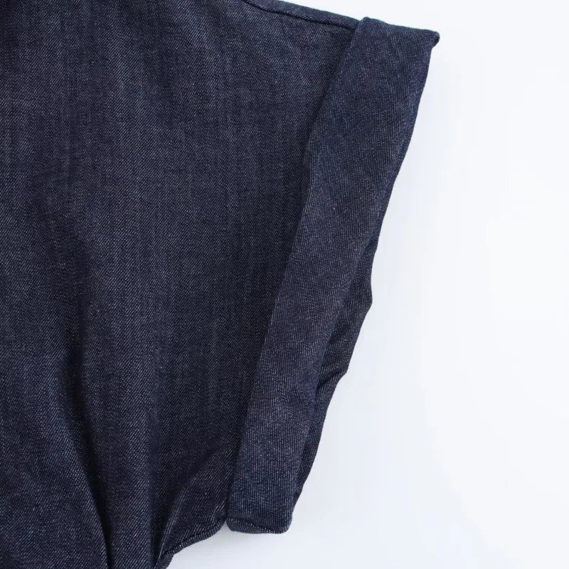 Spring New 1975 series denim MIDI dress with lapel side zipper fashion wrinkle waist slim elegant dress