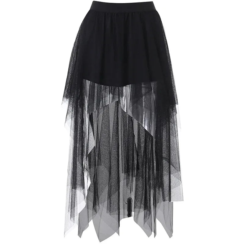 Sexy Net Yarn High-Waisted Irregular Skirt for Women New European and American Gothic Style Versatile Casual Skirts