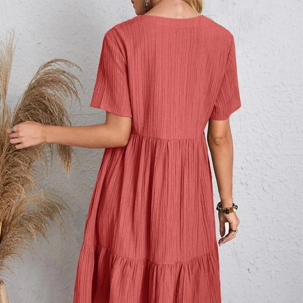 Women Peplum Dresses  V-Neck Short Sleeve Loose Waist Ruffle Fit Flare Vocation Dresses