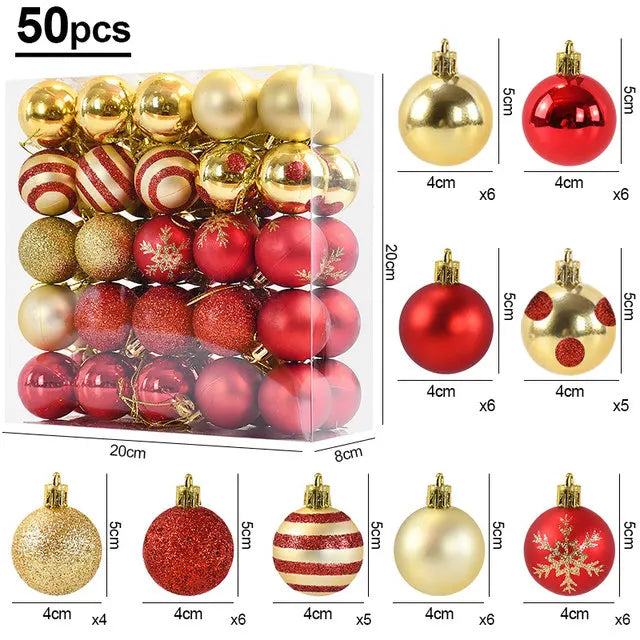 50Pcs/box Christmas Tree Balls Ornament Red Gold Hanging Bauble Pendant 2025 Christmas Decoration for Home 2026 New Year Gifts