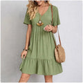 Women Peplum Dresses  V-Neck Short Sleeve Loose Waist Ruffle Fit Flare Vocation Dresses