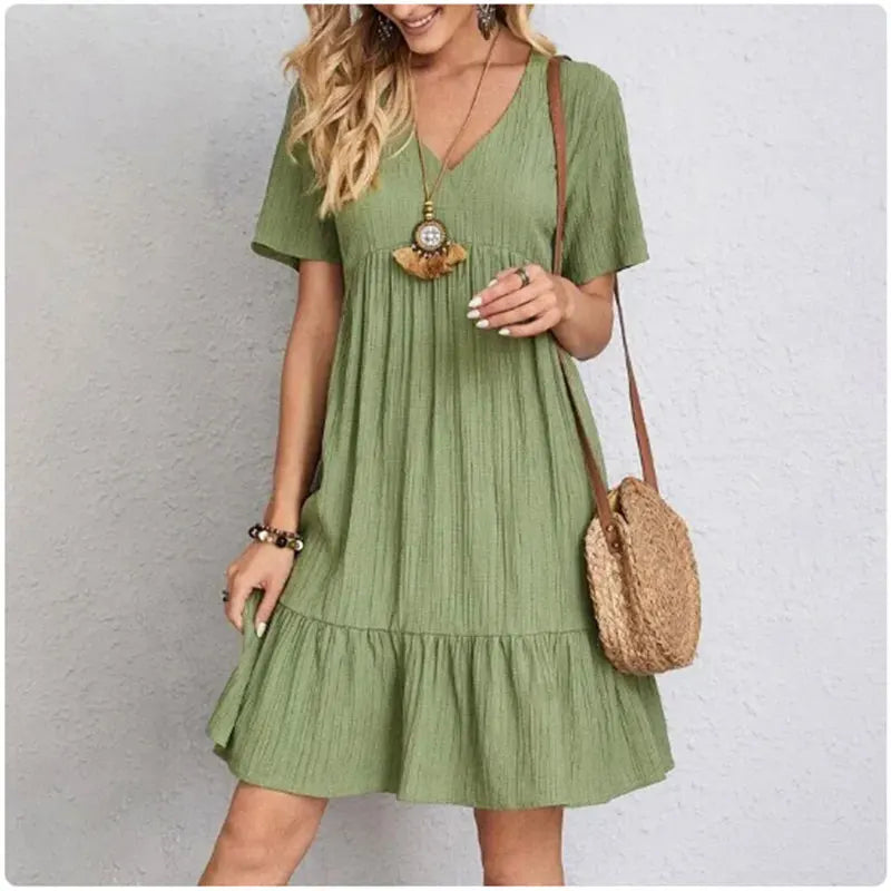 Women Peplum Dresses  V-Neck Short Sleeve Loose Waist Ruffle Fit Flare Vocation Dresses