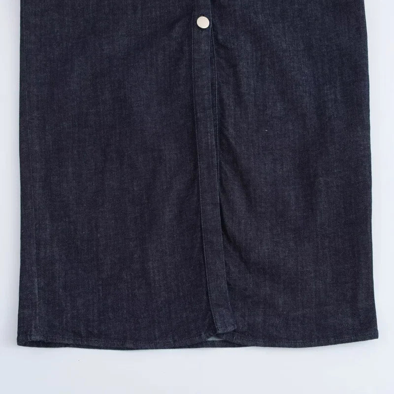 Spring New 1975 series denim MIDI dress with lapel side zipper fashion wrinkle waist slim elegant dress