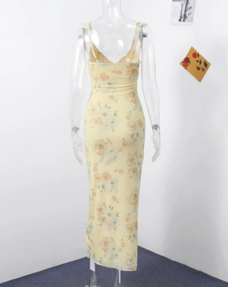 Summer Flower Printed Women's Sexy Low-cut Dress Sleeveless Backless Slim Sling Dresses 2025 Beach Vacation Lady Vestidos