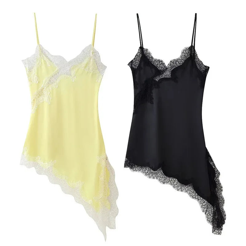 New Lace Mini Spaghetti Strap Dress For Women Irregular Backless Slit Sexy Evening Party Dress Female High Waist Bottom Dresses