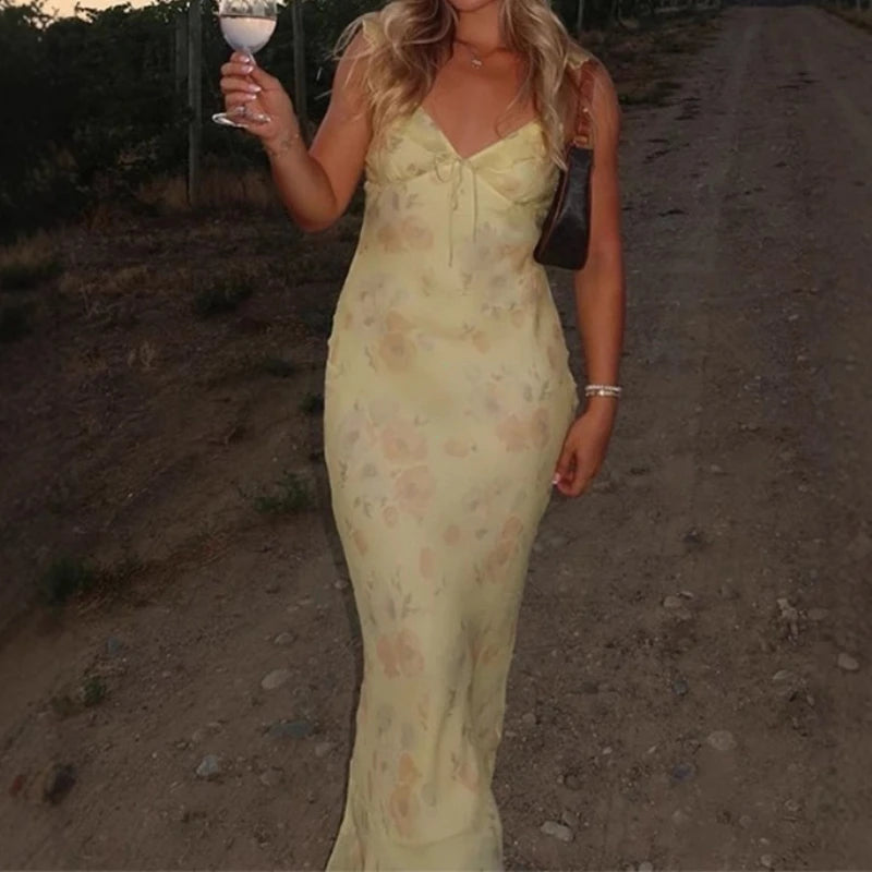 Summer Flower Printed Women's Sexy Low-cut Dress Sleeveless Backless Slim Sling Dresses 2025 Beach Vacation Lady Vestidos