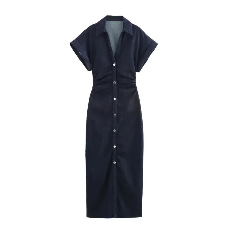 Spring New 1975 series denim MIDI dress with lapel side zipper fashion wrinkle waist slim elegant dress