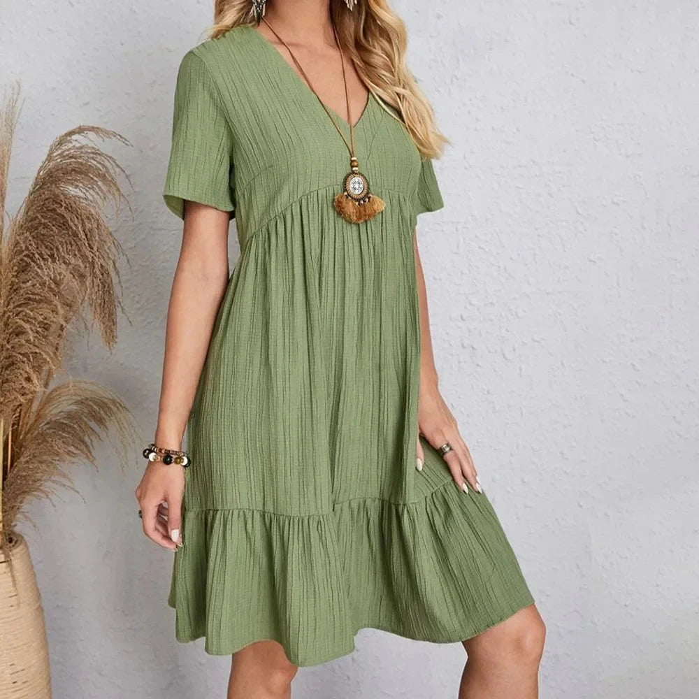 Women Peplum Dresses  V-Neck Short Sleeve Loose Waist Ruffle Fit Flare Vocation Dresses