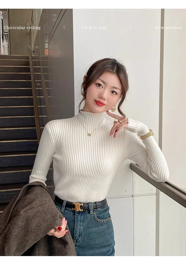 Chic Autumn Winter 2025 Pullovers Women Long Sleeve Casual Turtleneck Warm Basic Sweater Knit Jumpers Solid Color Slim Tops