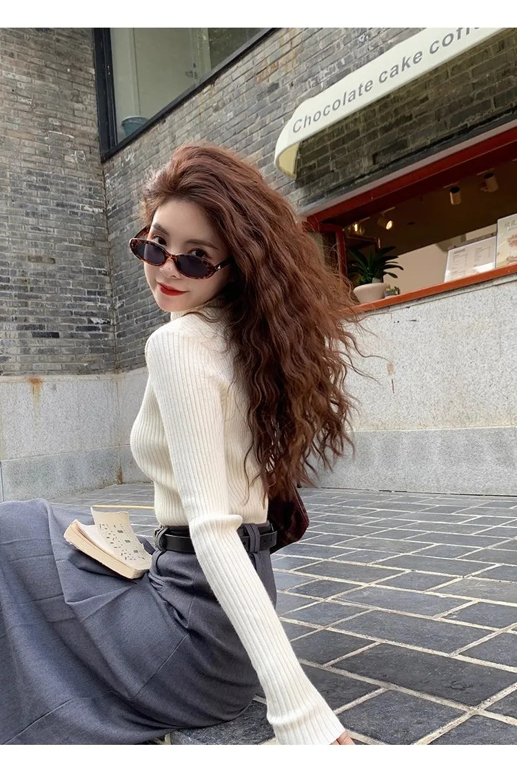 Chic Autumn Winter 2025 Pullovers Women Long Sleeve Casual Turtleneck Warm Basic Sweater Knit Jumpers Solid Color Slim Tops