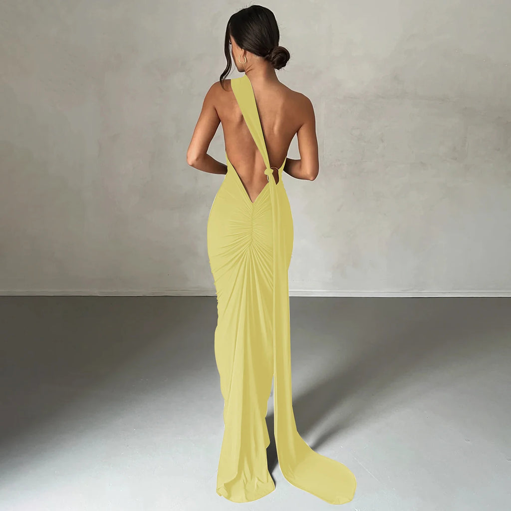 Hugcitar One Shoulder Backless Adjustable Scarf Loop Ruched Sexy Maxi Dress Women Elegant Y2K Streetwear Festival Outfit dress