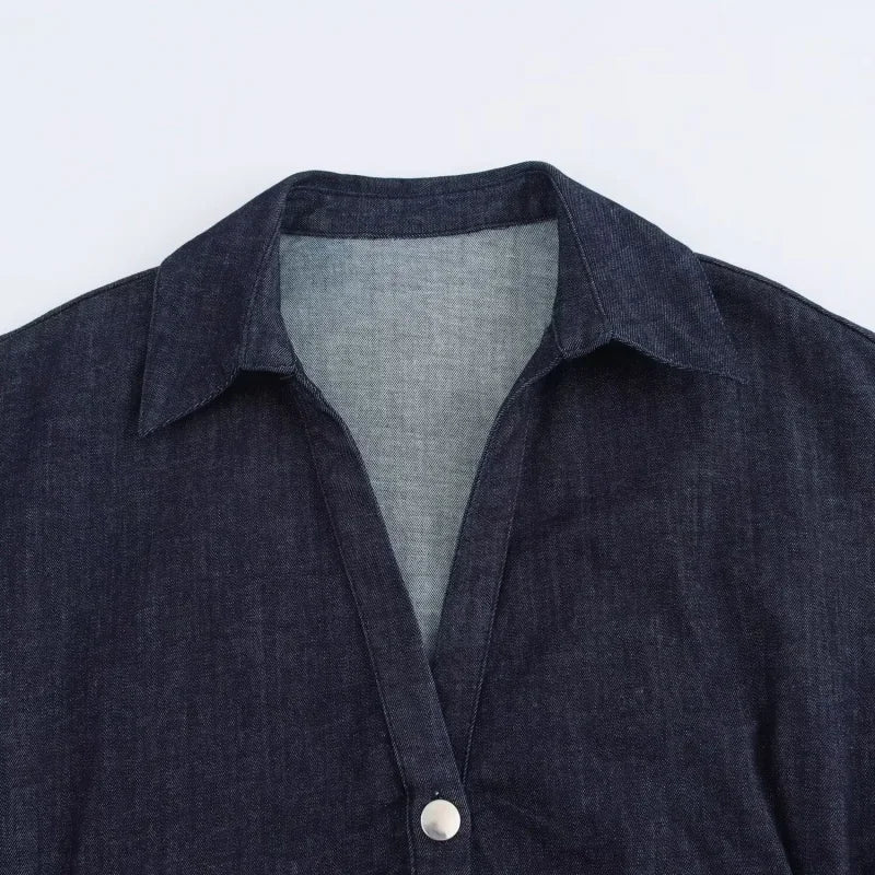 Spring New 1975 series denim MIDI dress with lapel side zipper fashion wrinkle waist slim elegant dress