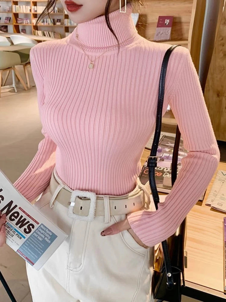 2025 Casual Slim Knitted Pullover Autumn Winter Thick Turtleneck Sweater Base Sweater Korean Style Simple Base Layer Warm Tops