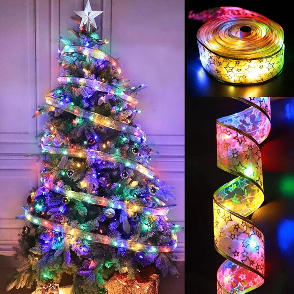 Christmas Ribbon Fairy Light Christmas Decoration DIY Bows String Light Tree Ornaments For Home 2025 Xmas Decor New Year Navidad