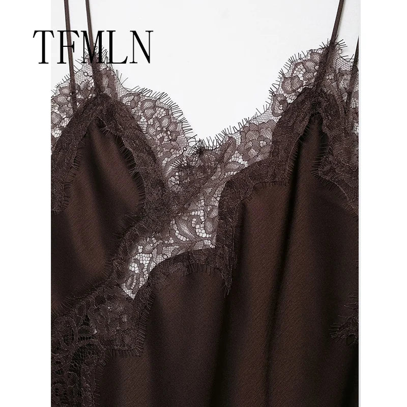 Women Sexy Irregular Lace Dress Fashion V Neck Hem Suspender Long Dresses 2025 New Fashion Party Vestidos