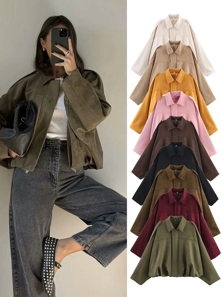 TFMLN 2025 Women Bomber Jackets Casual Soft Lantern Long Sleeve Oversized Spring Autumn Coat Fashion Female Short Zipper Outwear