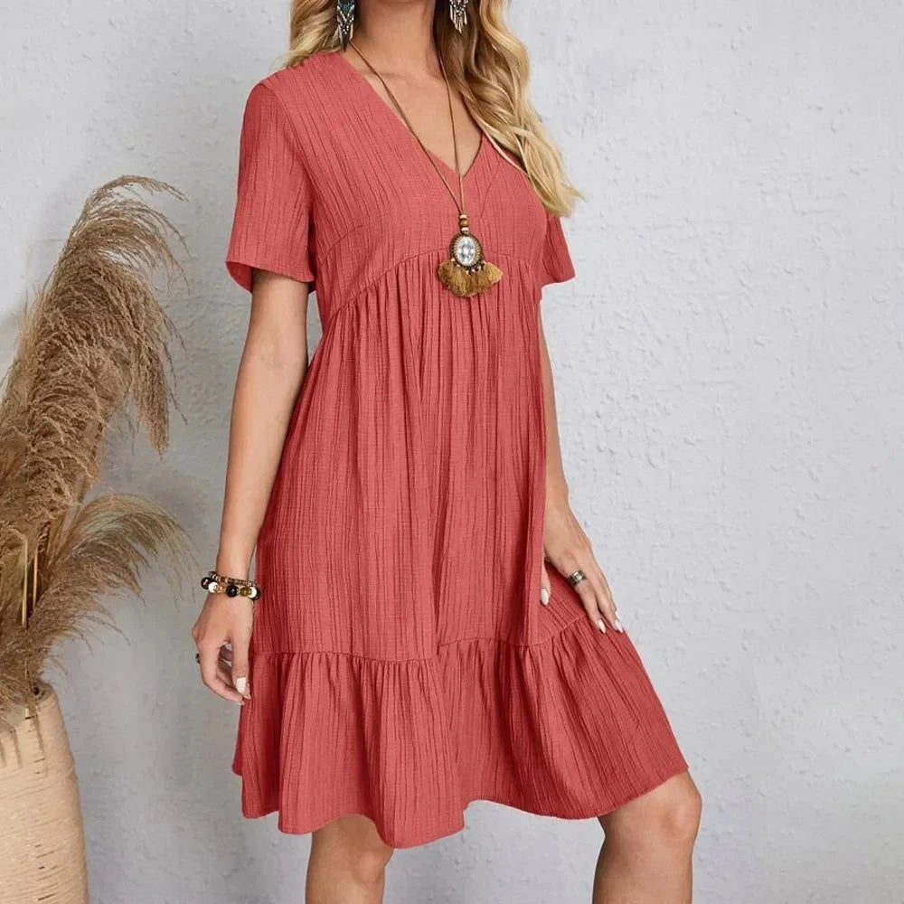 Women Peplum Dresses  V-Neck Short Sleeve Loose Waist Ruffle Fit Flare Vocation Dresses