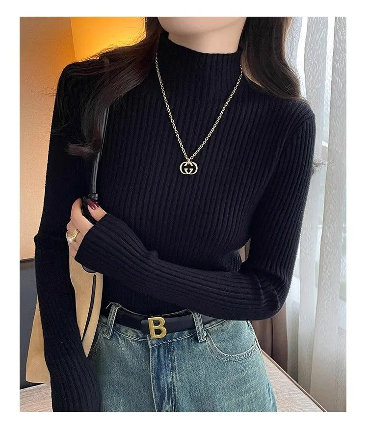Chic Autumn Winter 2025 Pullovers Women Long Sleeve Casual Turtleneck Warm Basic Sweater Knit Jumpers Solid Color Slim Tops
