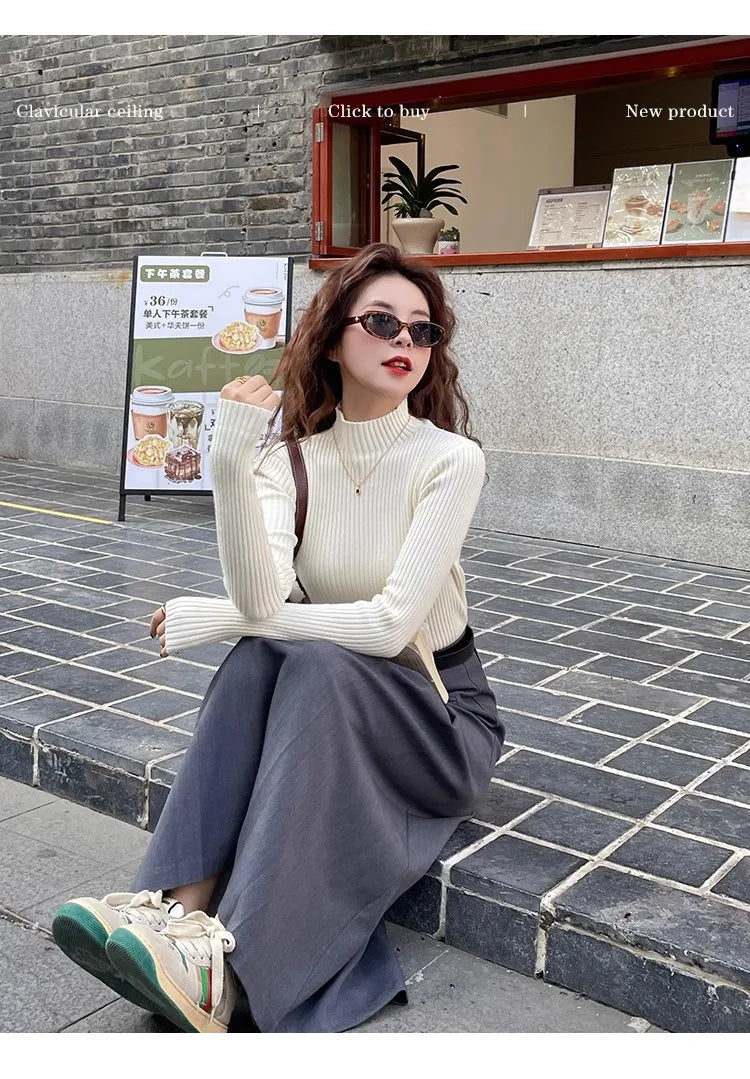 Chic Autumn Winter 2025 Pullovers Women Long Sleeve Casual Turtleneck Warm Basic Sweater Knit Jumpers Solid Color Slim Tops