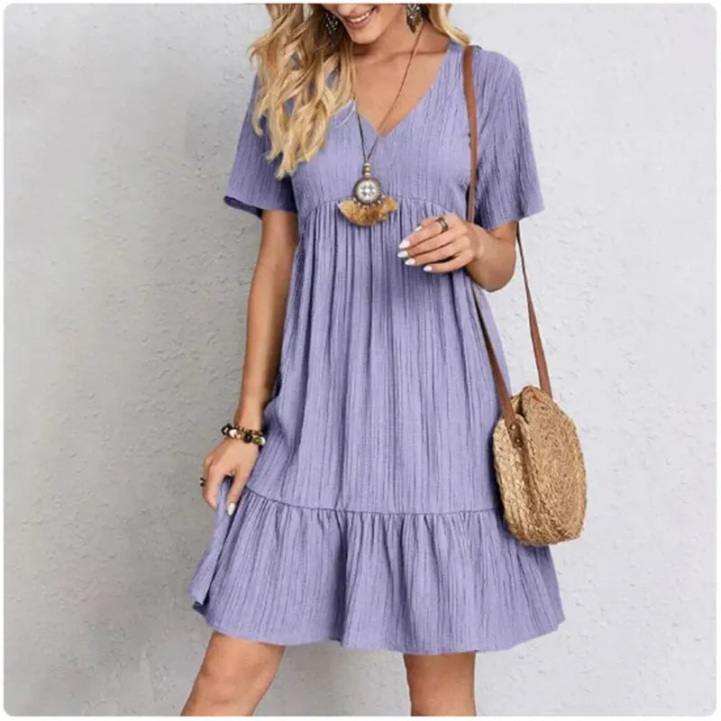 Women Peplum Dresses  V-Neck Short Sleeve Loose Waist Ruffle Fit Flare Vocation Dresses