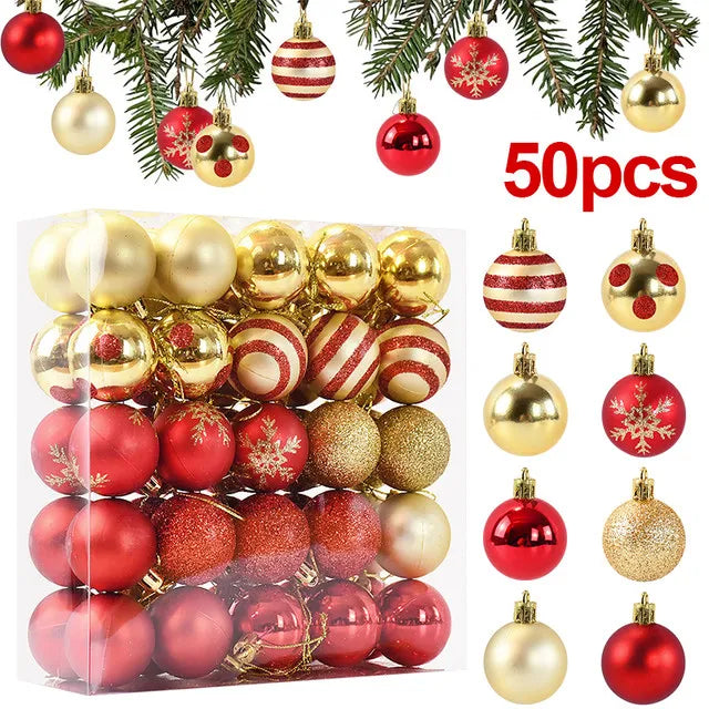 50Pcs/box Christmas Tree Balls Ornament Red Gold Hanging Bauble Pendant 2025 Christmas Decoration for Home 2026 New Year Gifts
