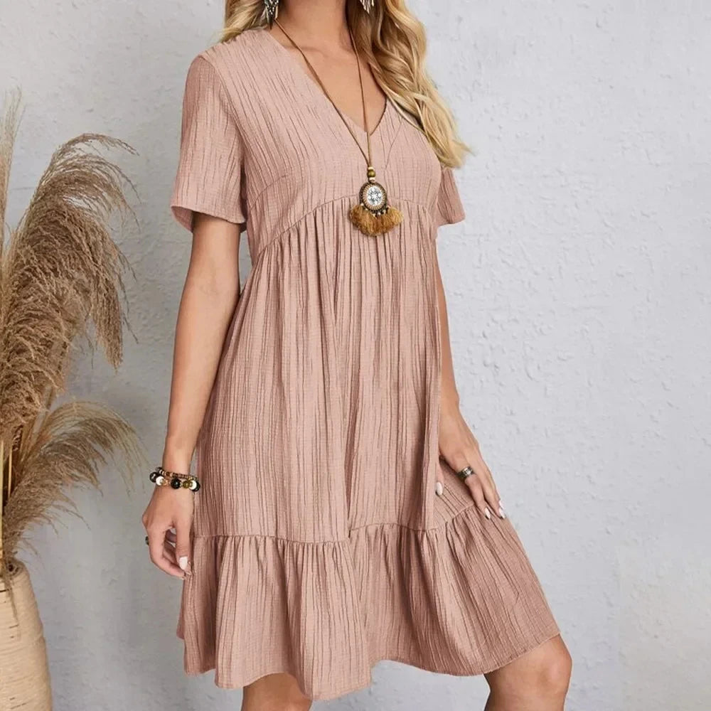 Women Peplum Dresses  V-Neck Short Sleeve Loose Waist Ruffle Fit Flare Vocation Dresses