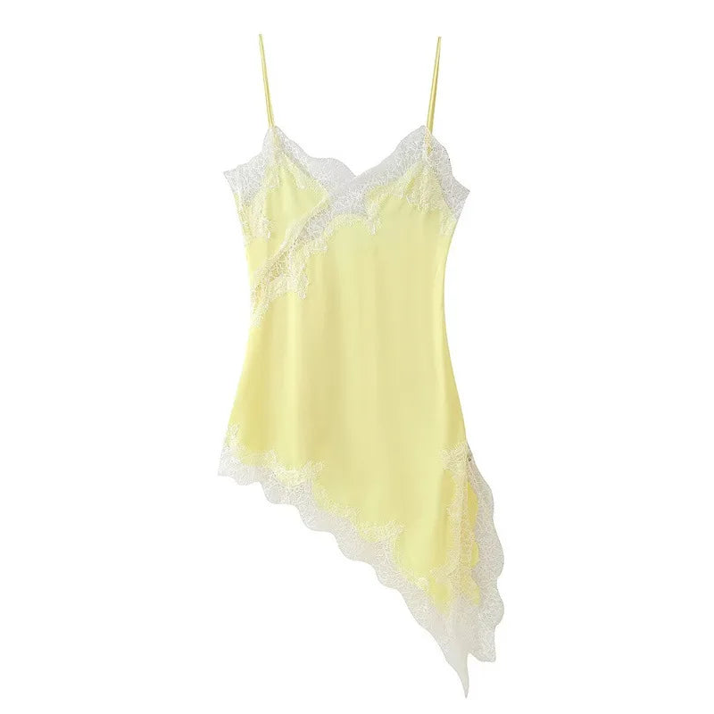 New Lace Mini Spaghetti Strap Dress For Women Irregular Backless Slit Sexy Evening Party Dress Female High Waist Bottom Dresses