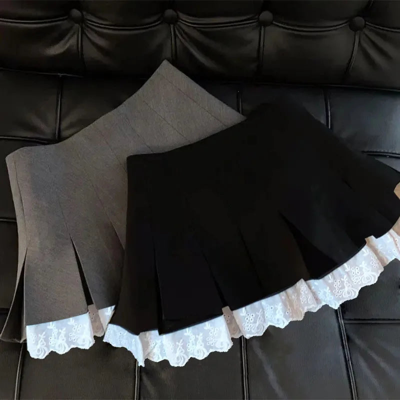 Ruffles Black Mini Skirt Women Korean Patchwork Pleated Skirts Japanese Kawaii High Waist All Match A Line Skirt New
