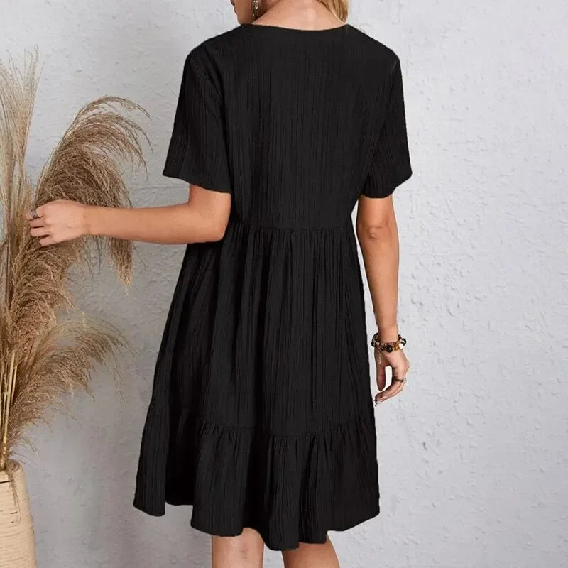 Women Peplum Dresses  V-Neck Short Sleeve Loose Waist Ruffle Fit Flare Vocation Dresses