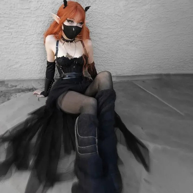 Sexy Net Yarn High-Waisted Irregular Skirt for Women New European and American Gothic Style Versatile Casual Skirts