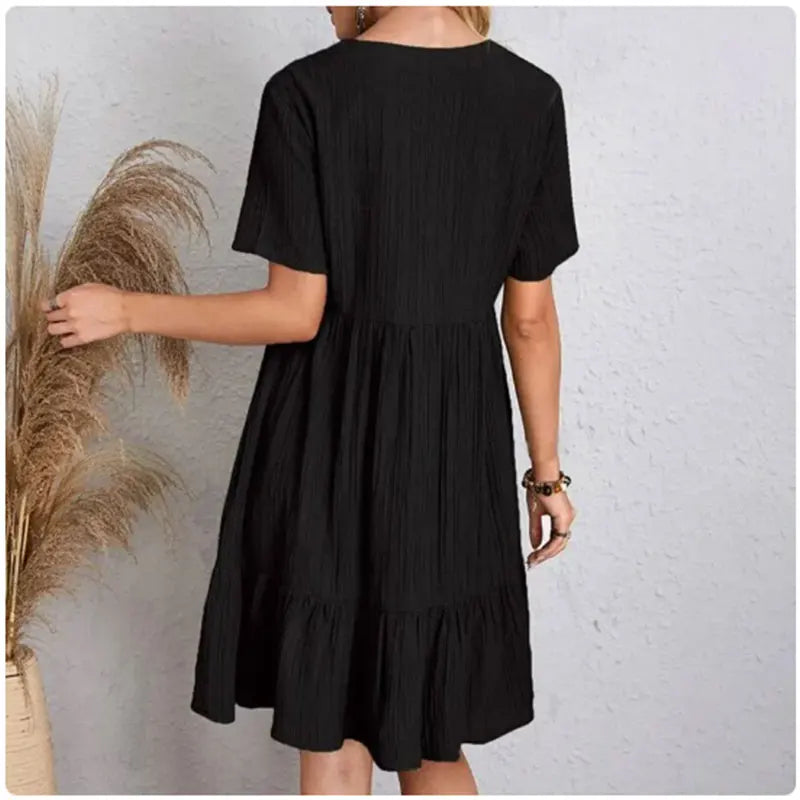 Women Peplum Dresses  V-Neck Short Sleeve Loose Waist Ruffle Fit Flare Vocation Dresses