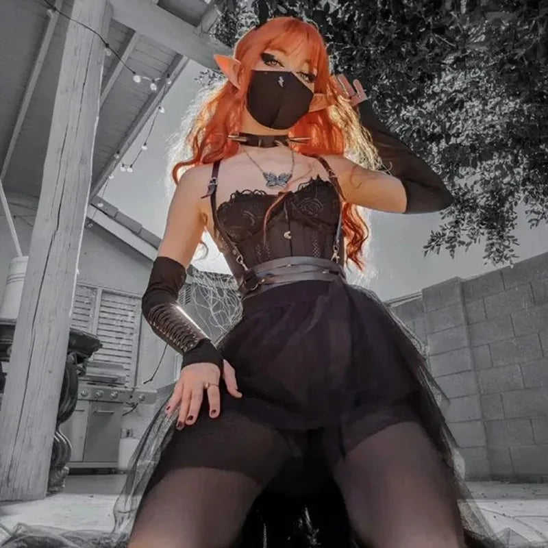 Sexy Net Yarn High-Waisted Irregular Skirt for Women New European and American Gothic Style Versatile Casual Skirts