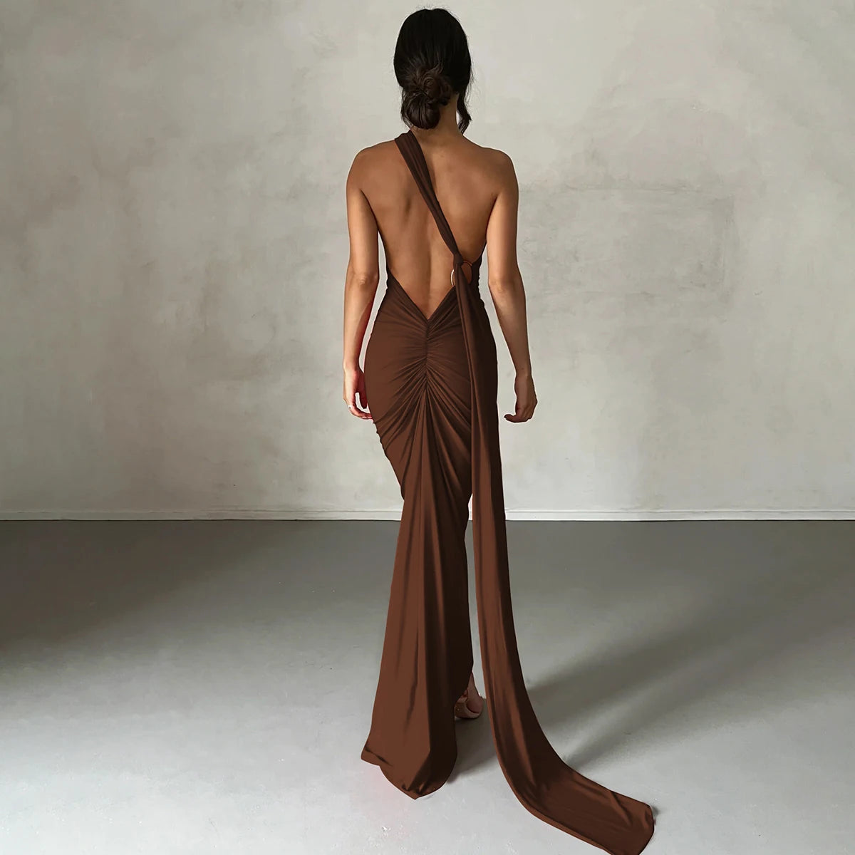 Hugcitar One Shoulder Backless Adjustable Scarf Loop Ruched Sexy Maxi Dress Women Elegant Y2K Streetwear Festival Outfit dress