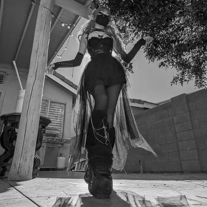 Sexy Net Yarn High-Waisted Irregular Skirt for Women New European and American Gothic Style Versatile Casual Skirts