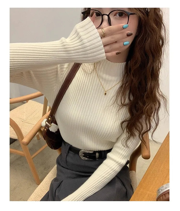 Chic Autumn Winter 2025 Pullovers Women Long Sleeve Casual Turtleneck Warm Basic Sweater Knit Jumpers Solid Color Slim Tops