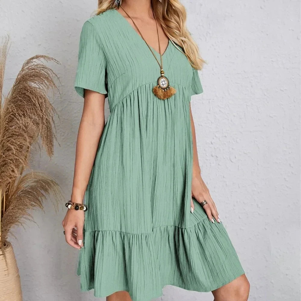 Women Peplum Dresses  V-Neck Short Sleeve Loose Waist Ruffle Fit Flare Vocation Dresses