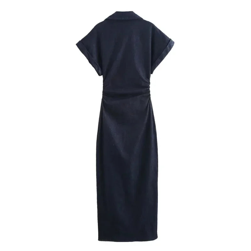Spring New 1975 series denim MIDI dress with lapel side zipper fashion wrinkle waist slim elegant dress