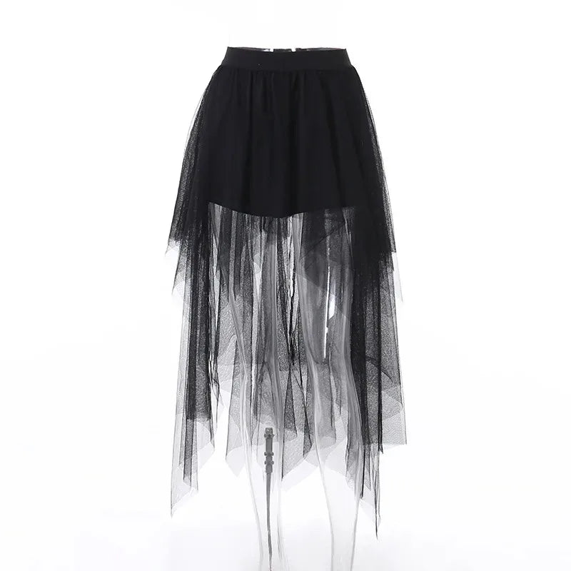 Sexy Net Yarn High-Waisted Irregular Skirt for Women New European and American Gothic Style Versatile Casual Skirts