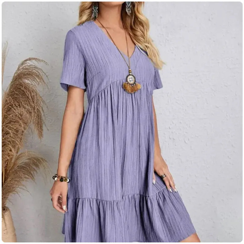 Women Peplum Dresses  V-Neck Short Sleeve Loose Waist Ruffle Fit Flare Vocation Dresses