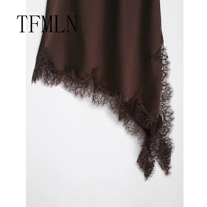 Women Sexy Irregular Lace Dress Fashion V Neck Hem Suspender Long Dresses 2025 New Fashion Party Vestidos