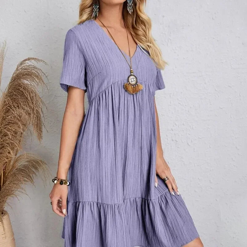Women Peplum Dresses  V-Neck Short Sleeve Loose Waist Ruffle Fit Flare Vocation Dresses