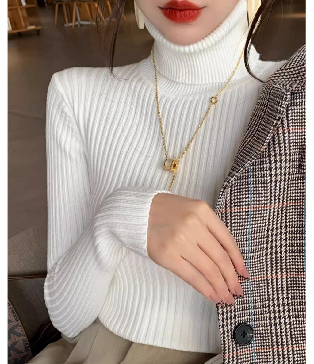 2025 Casual Slim Knitted Pullover Autumn Winter Thick Turtleneck Sweater Base Sweater Korean Style Simple Base Layer Warm Tops