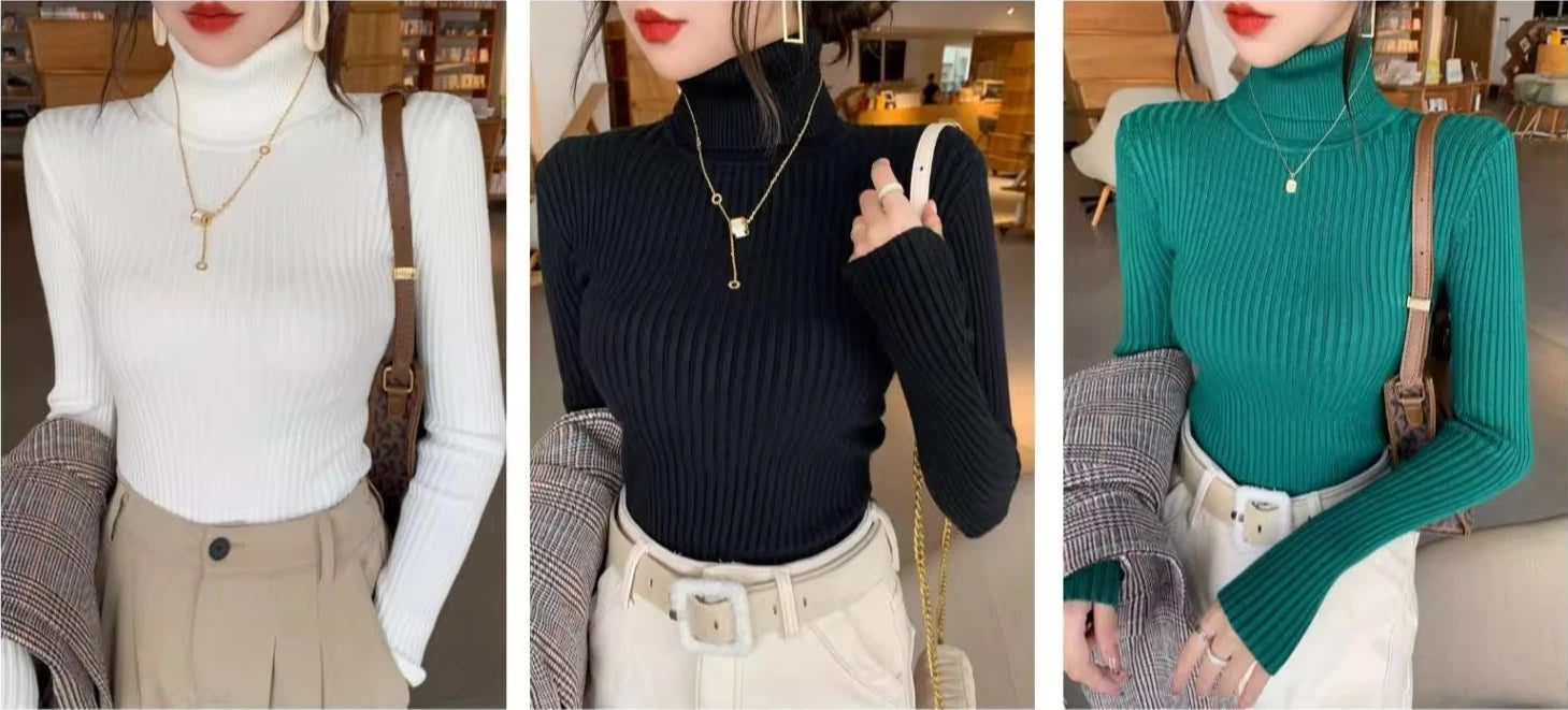 2025 Casual Slim Knitted Pullover Autumn Winter Thick Turtleneck Sweater Base Sweater Korean Style Simple Base Layer Warm Tops