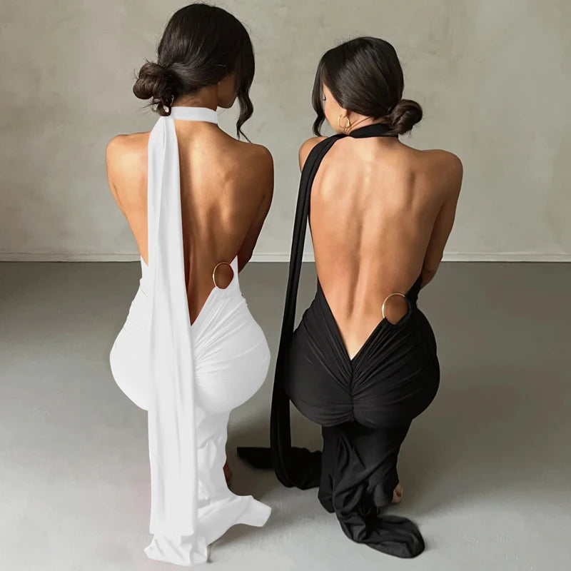 Hugcitar One Shoulder Backless Adjustable Scarf Loop Ruched Sexy Maxi Dress Women Elegant Y2K Streetwear Festival Outfit dress